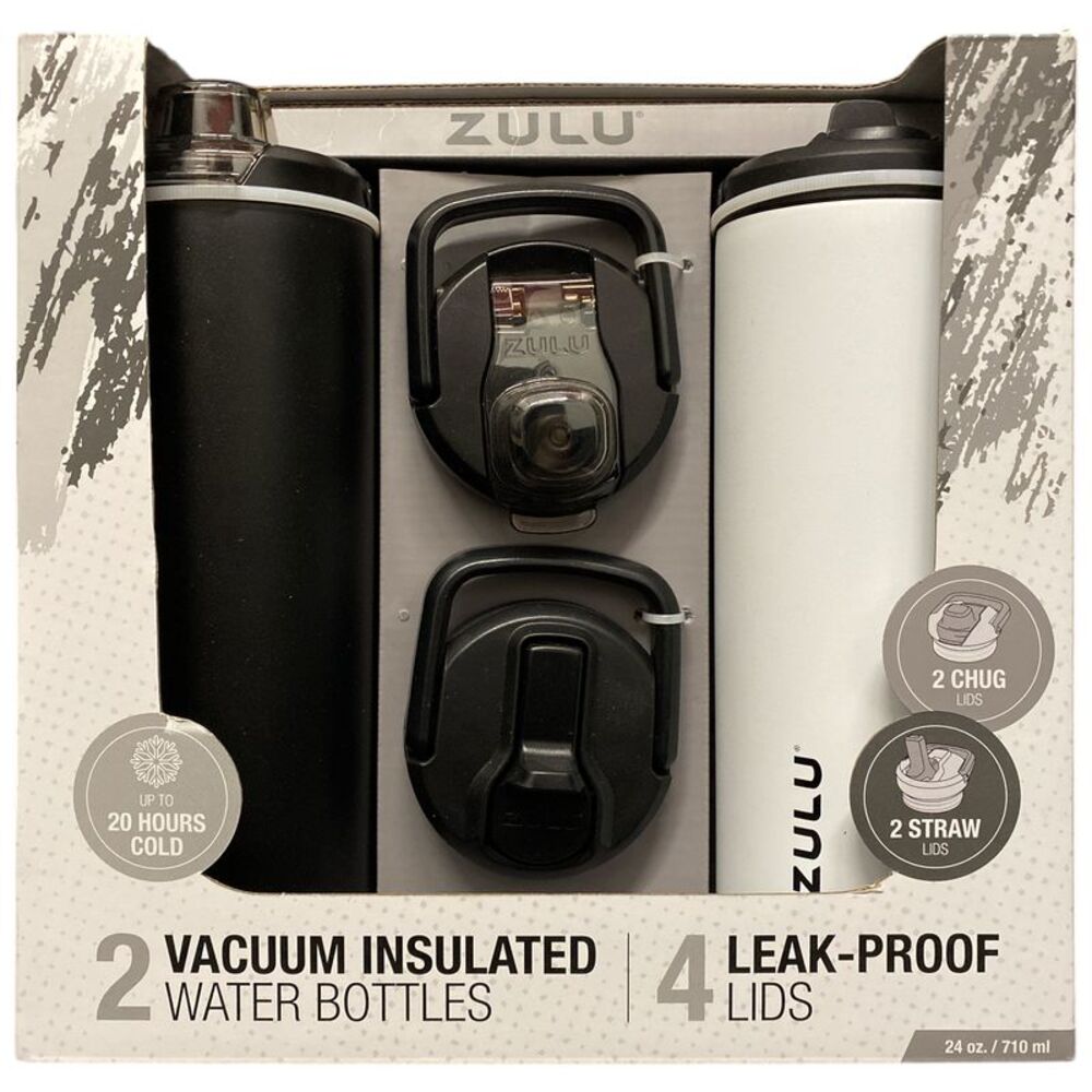 Black/White - Zulu Stainless Steel Water Bottle with Lids., 2pk 24oz, Includes 2